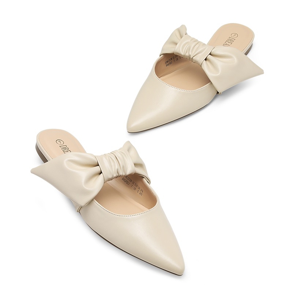 Bow Slip On Mules - BEIGE WHITE - 3